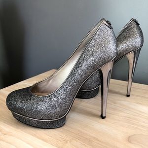 Micheal Kors Gideon silver glitter high heel pumps